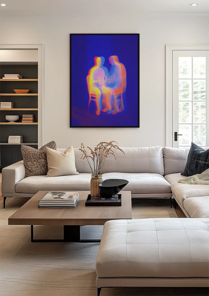 Two Glowing Silhouettes Neon Colors Abstract Dark Blue Painting