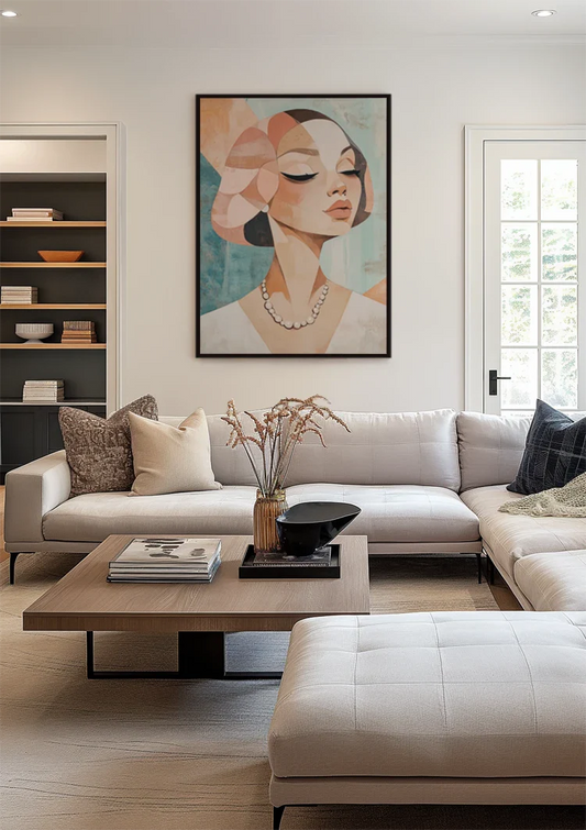Kubistisch vrouwenportret canvas schilderij aan de muur boven het bed in de slaapkamer