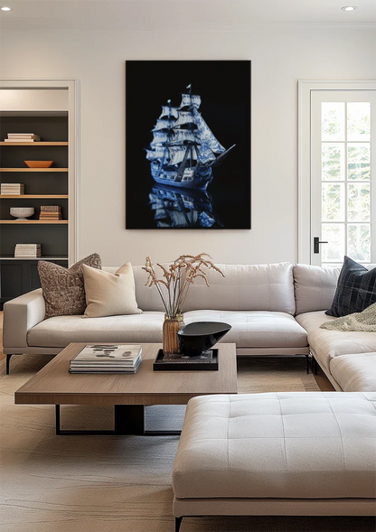Delfts Blauw Zeilschip Porselein Donkere Achtergrond Schilderij