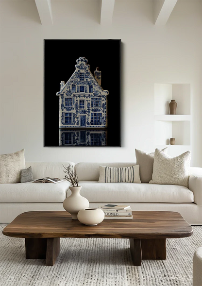 Delft Blue Canal House on Black Background Painting