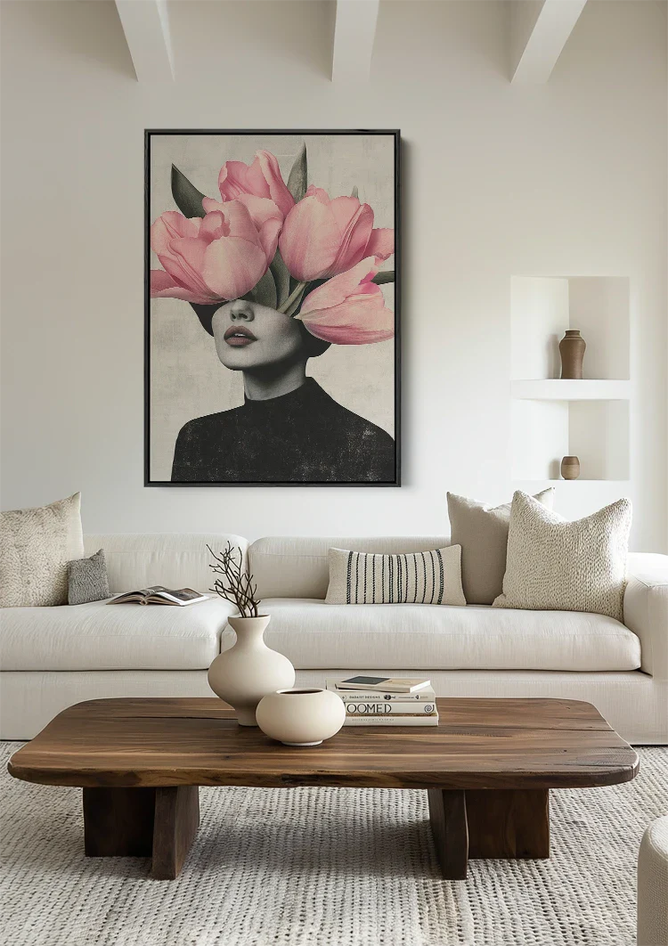 Woman Pink Tulip Head Surreal Portrait Painting