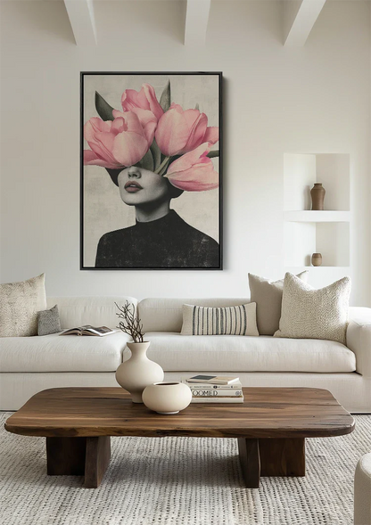 Woman Pink Tulip Head Surreal Portrait Painting
