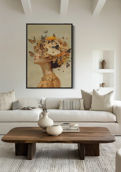 Woman Surrounded by Butterflies Warm Golden Fantasy Portrait Painting