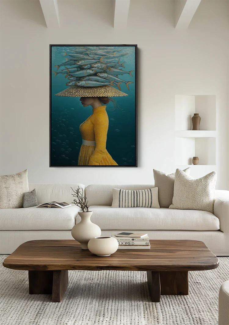 Woman Yellow Dress Fish School Underwater Surreal Painting
