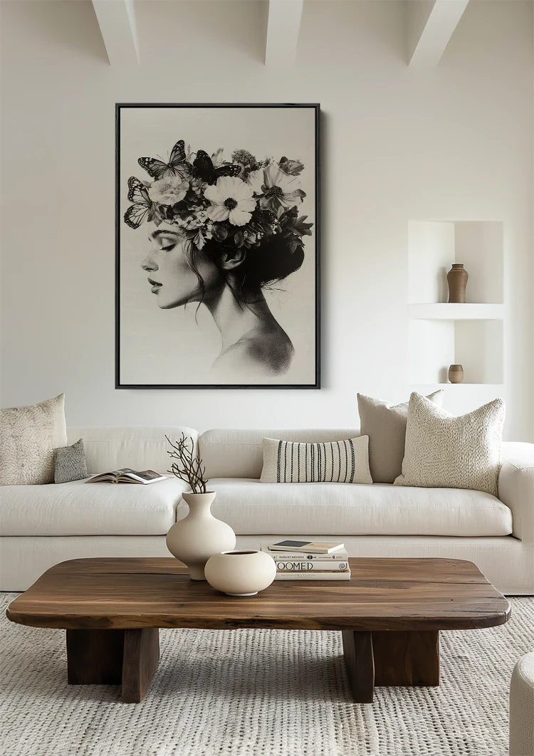 Woman with Butterflies and Flowers Black and White Botanical Portrait Painting