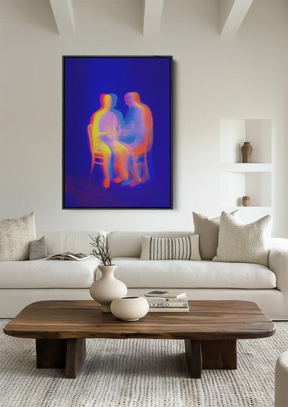 Two Glowing Silhouettes Neon Colors Abstract Dark Blue Painting