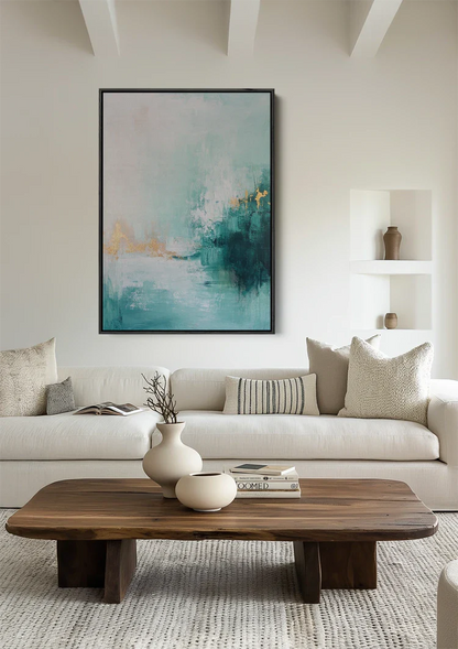 Abstrakt Türkis Weiß Goldene Akzente Serenes Minimalistisches Gemälde