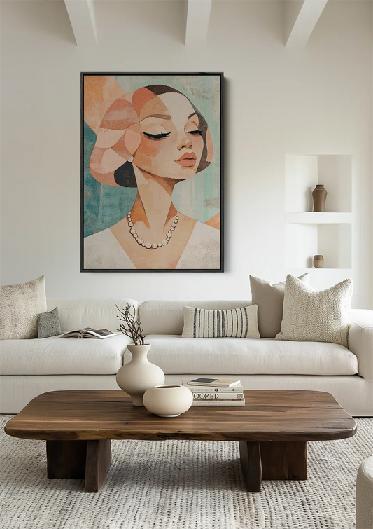 Kubistisch vrouwenportret canvas schilderij hangend aan de muur in de hal
