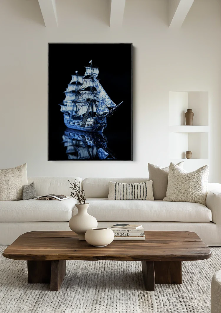 Delfts Blauw Zeilschip Porselein Donkere Achtergrond Schilderij