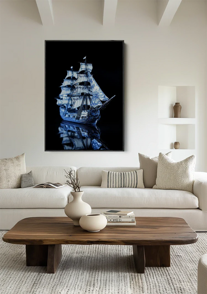 Delfts Blauw Zeilschip Porselein Donkere Achtergrond Schilderij