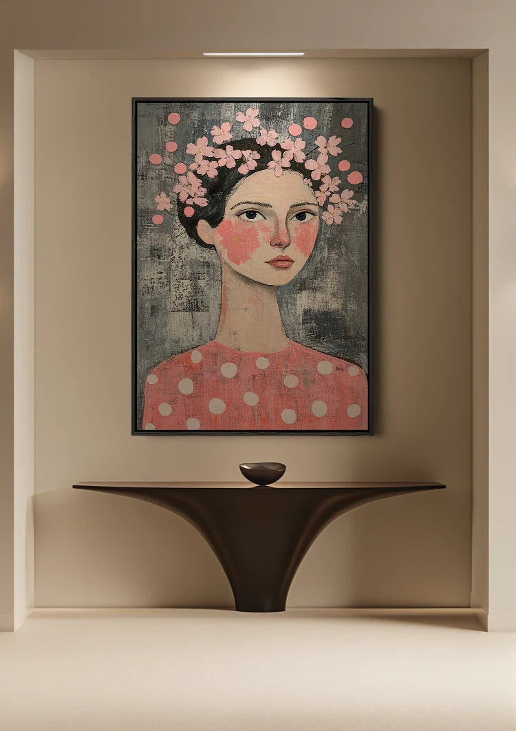 Woman Pink Floral Wreath Dark Hair Naive Portrait Painting