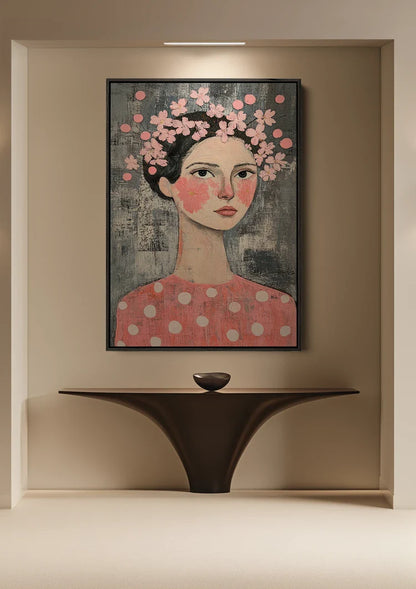 Woman Pink Floral Wreath Dark Hair Naive Portrait Painting