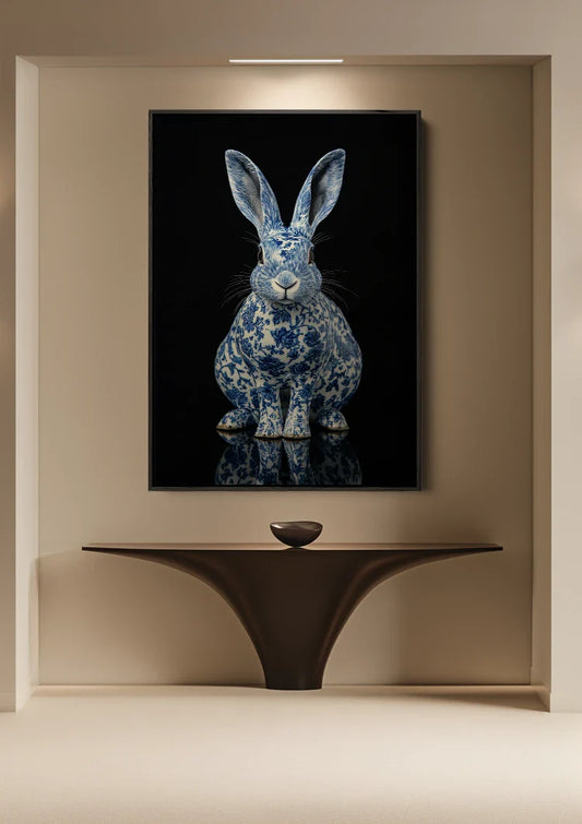 Konijn in Delfts Blauw canvas schilderij boven het bed in de slaapkamer
