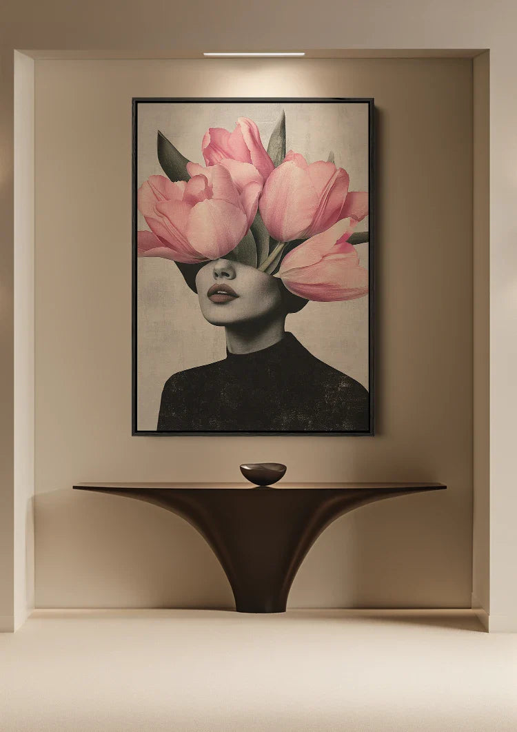 Kobieta różowy tulipan głowa surrealistyczny portret obraz na płótnie