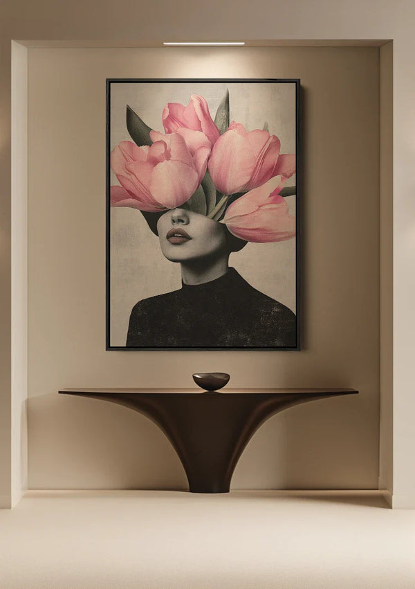 Woman Pink Tulip Head Surreal Portrait Painting