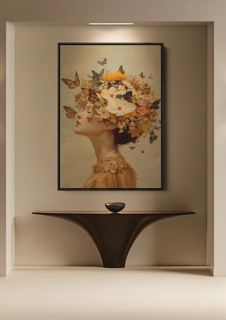 Woman Surrounded by Butterflies Warm Golden Fantasy Portrait Painting