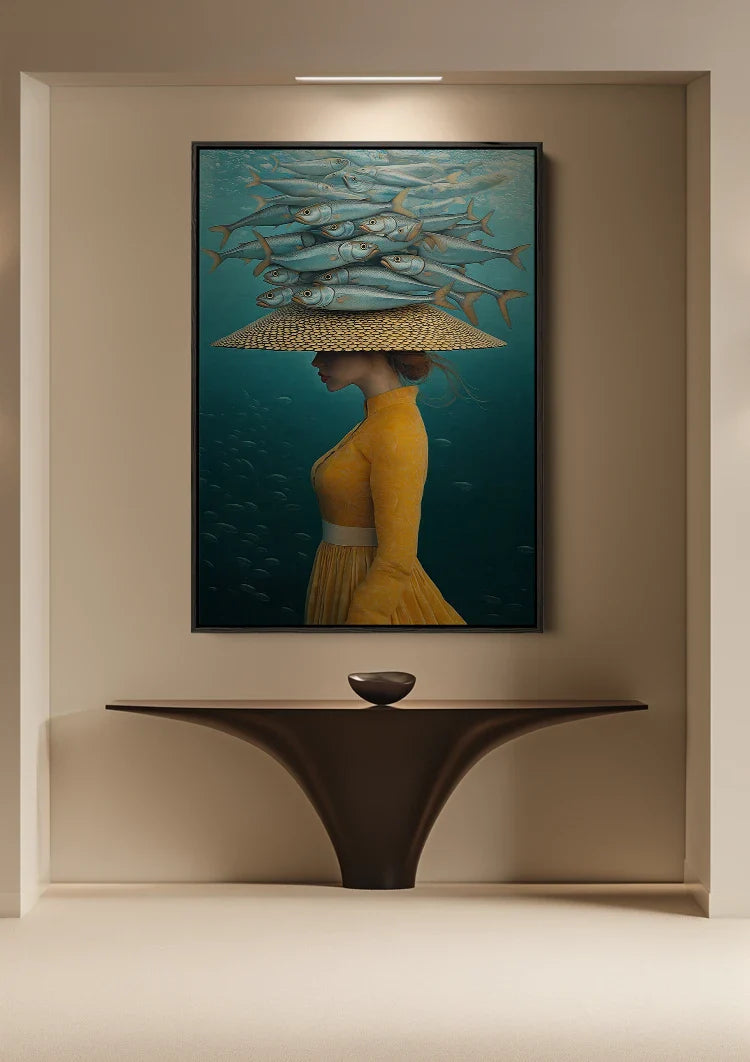 Woman Yellow Dress Fish School Underwater Surreal Painting