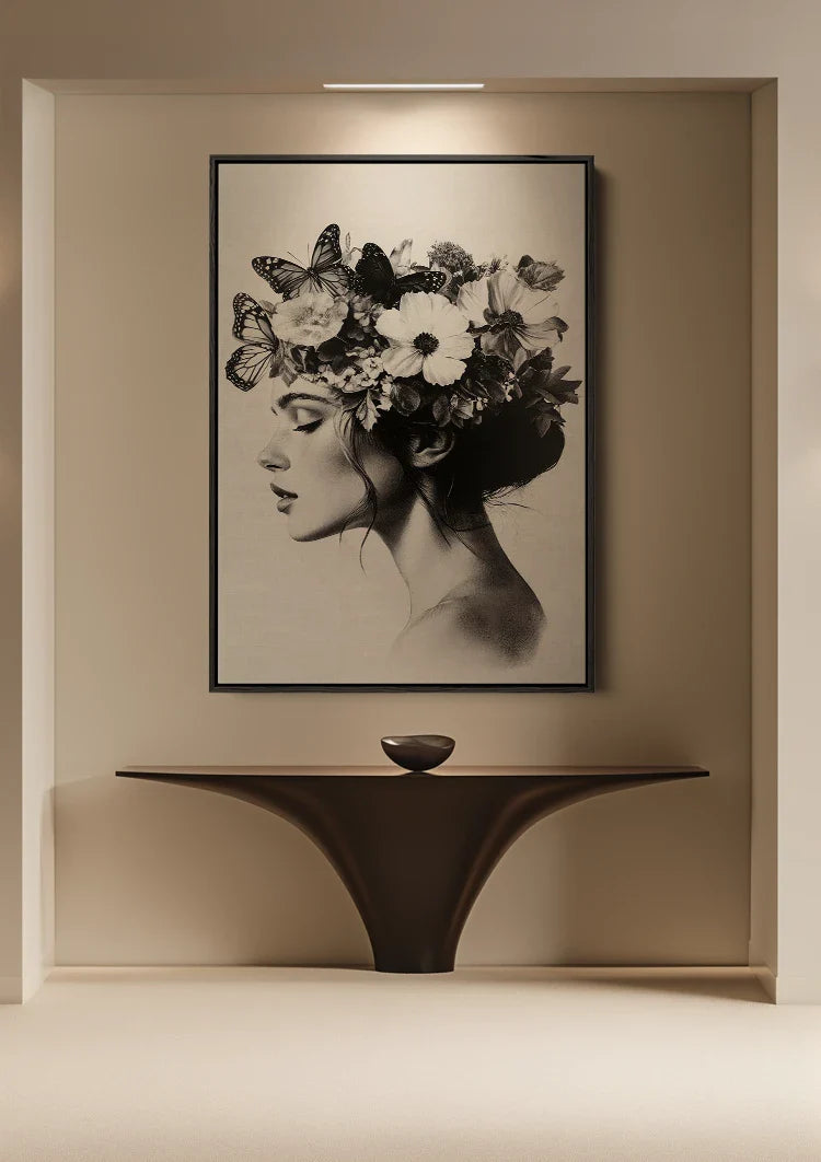 Woman with Butterflies and Flowers Black and White Botanical Portrait Painting