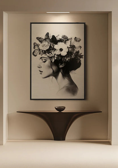 Woman with Butterflies and Flowers Black and White Botanical Portrait Painting