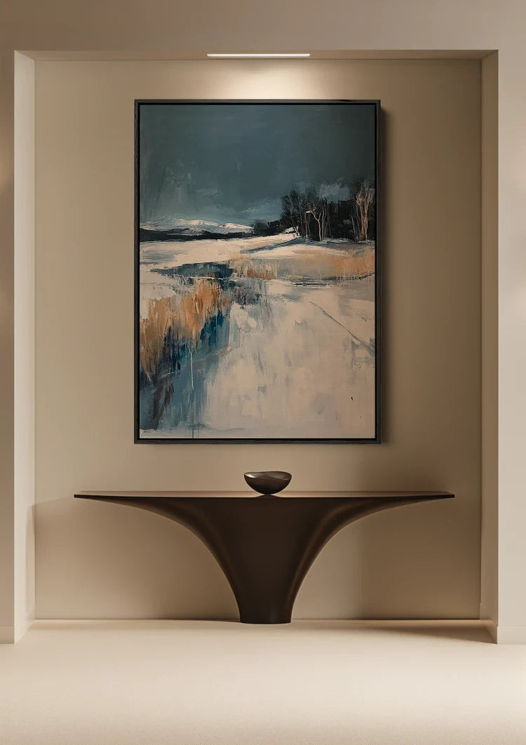 Winter Landscape Snow Dark Blue Expressionist Painting