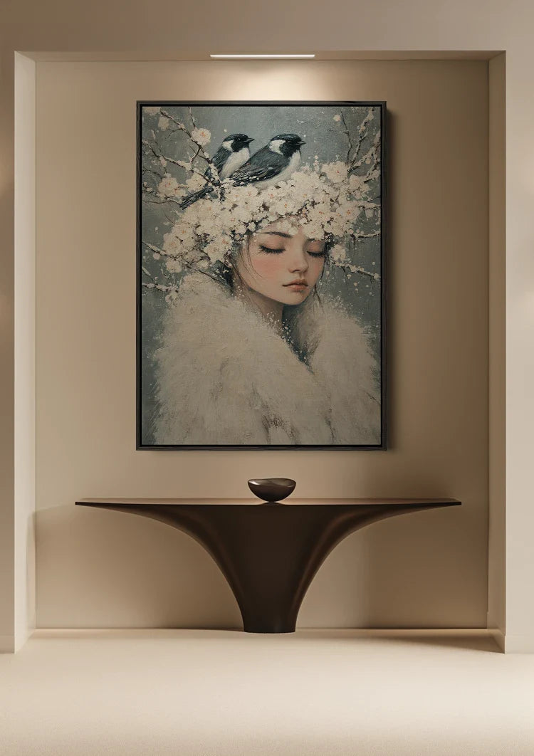 Sneeuwkoningin met Vogels Witte Bloemen Etherisch Portret Schilderij