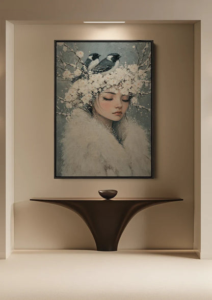 Sneeuwkoningin met Vogels Witte Bloemen Etherisch Portret Schilderij