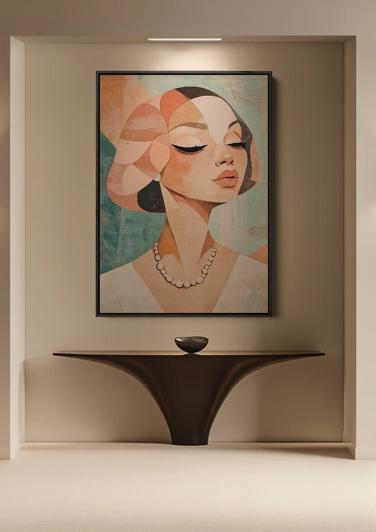 Cubist Female Portrait Geometric Terracotta Painting