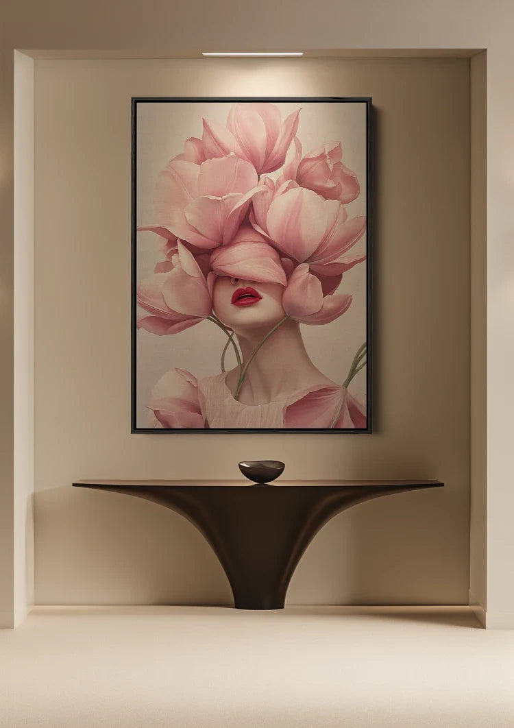 Woman with Pink Tulips Soft Floral Elegant Portrait Painting