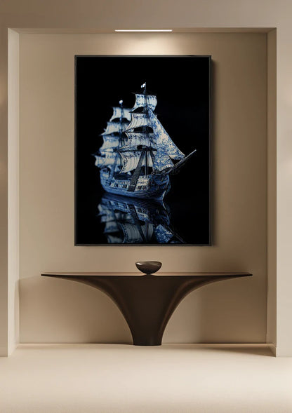 Delfts Blauw Zeilschip Porselein Donkere Achtergrond Schilderij