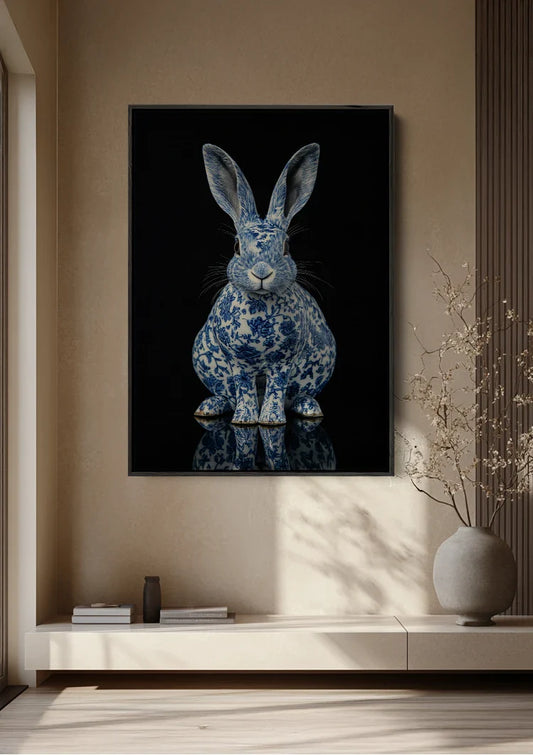 Konijn in Delfts Blauw canvas schilderij aan de muur in de hal