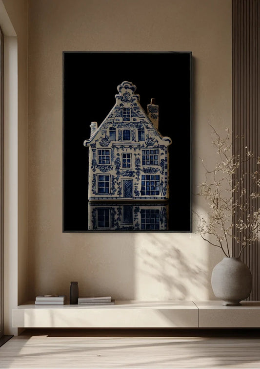 Delfts Blauw grachtenpand canvas schilderij boven het bed in de slaapkamer