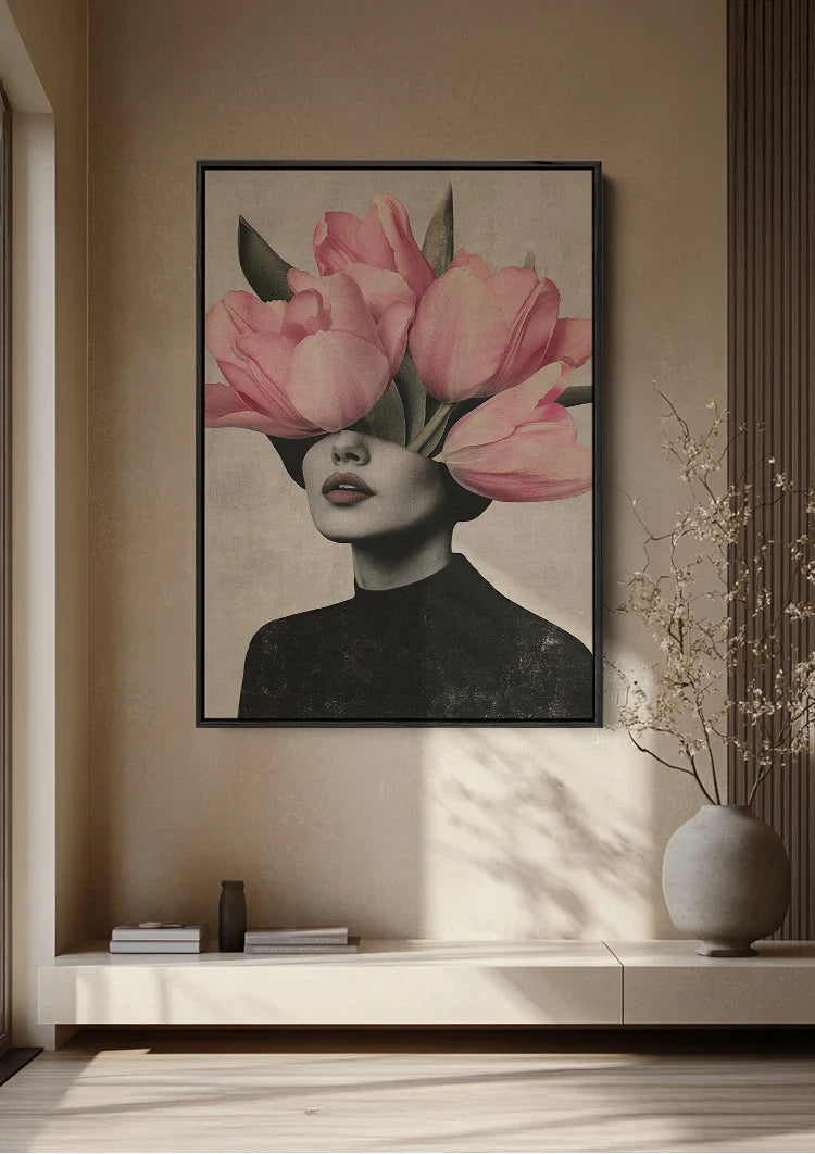 Woman Pink Tulip Head Surreal Portrait Painting
