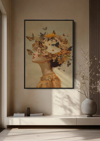 Woman Surrounded by Butterflies Warm Golden Fantasy Portrait Painting