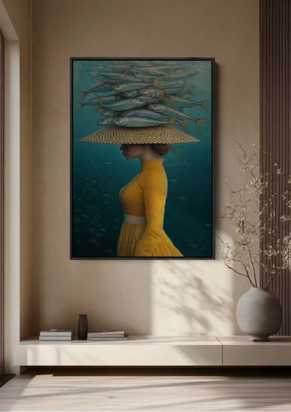 Surreal Underwater Portrait Fish Straw Hat Dreamy Painting