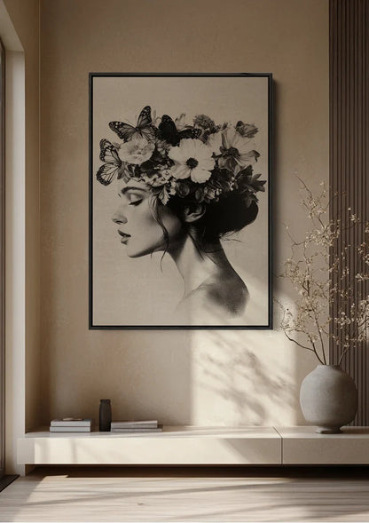 Woman with Butterflies and Flowers Black and White Botanical Portrait Painting