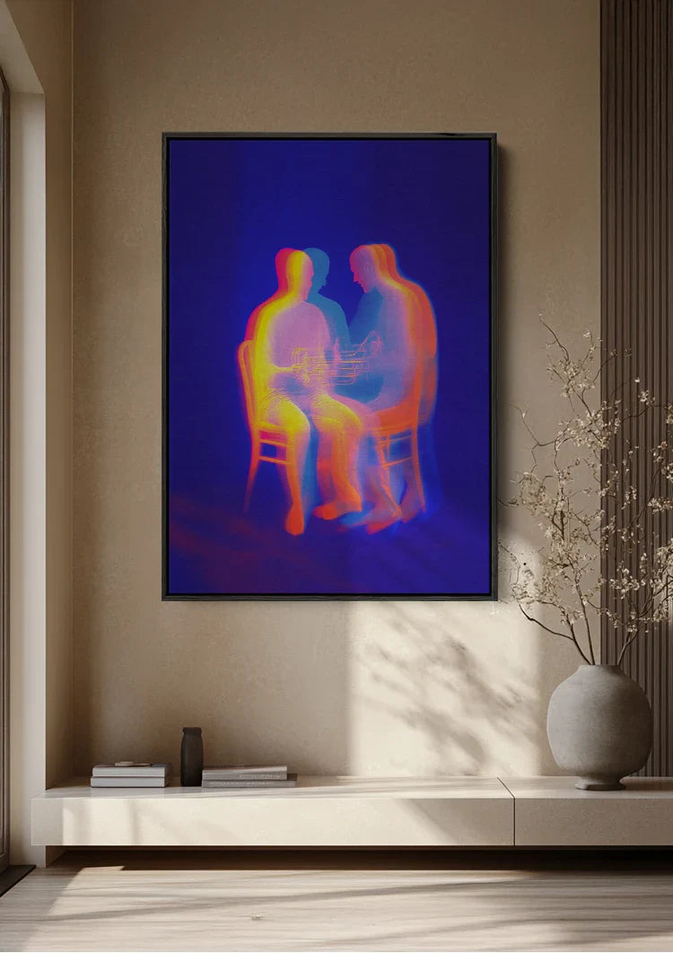 Two Glowing Silhouettes Neon Colors Abstract Dark Blue Painting
