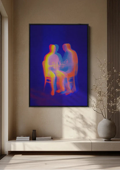 Two Glowing Silhouettes Neon Colors Abstract Dark Blue Painting