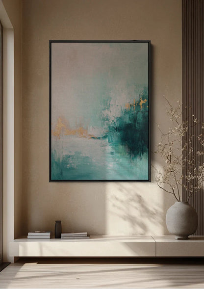 Abstrakt Türkis Weiß Goldene Akzente Serenes Minimalistisches Gemälde