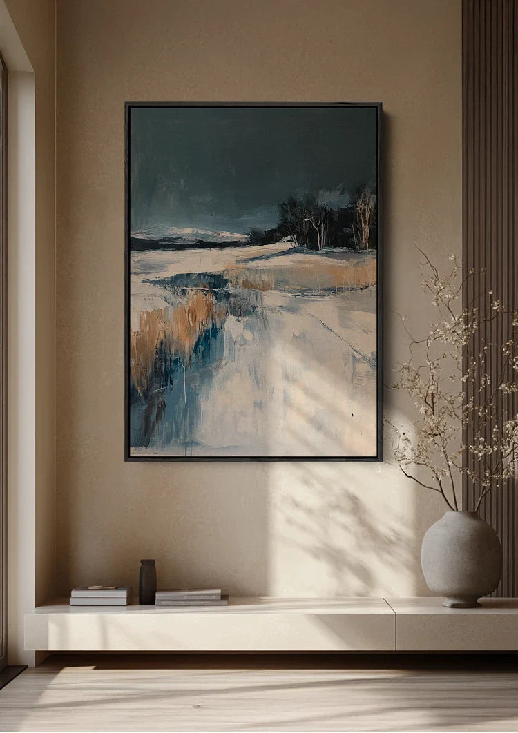 Winter Landscape Snow Dark Blue Expressionist Painting