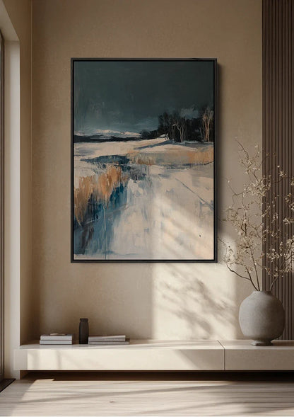 Winter Landscape Snow Dark Blue Expressionist Painting
