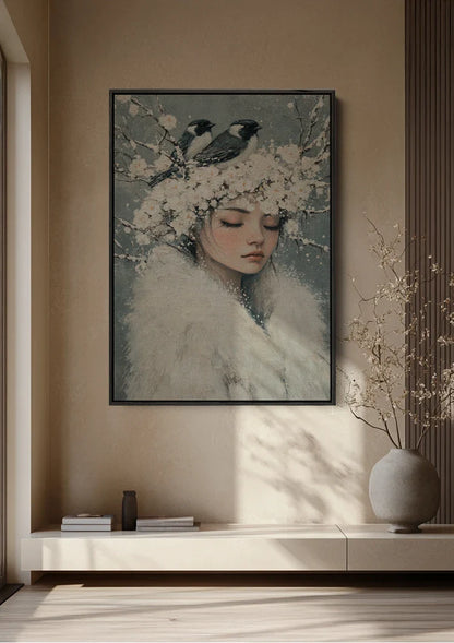Sneeuwkoningin met Vogels Witte Bloemen Etherisch Portret Schilderij