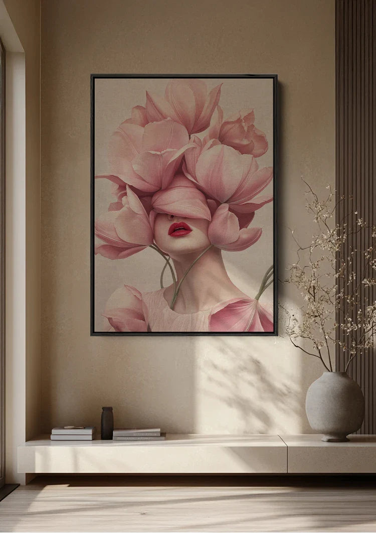 Woman with Pink Tulips Soft Floral Elegant Portrait Canvas Painting