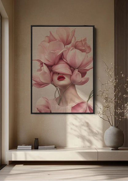 Female Portrait Pink Tulips Floral Splendor Romantic Dreamy Painting