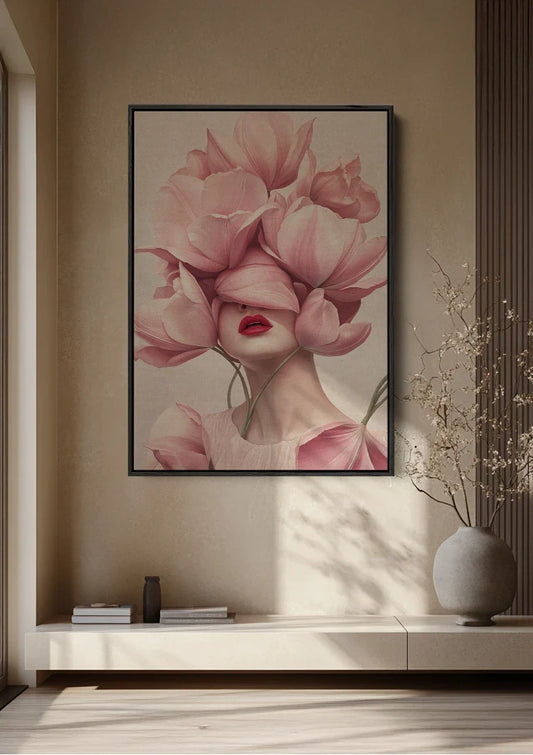 Vrouw omringd door roze tulpen canvas schilderij aan de muur boven het bed in de slaapkamer
