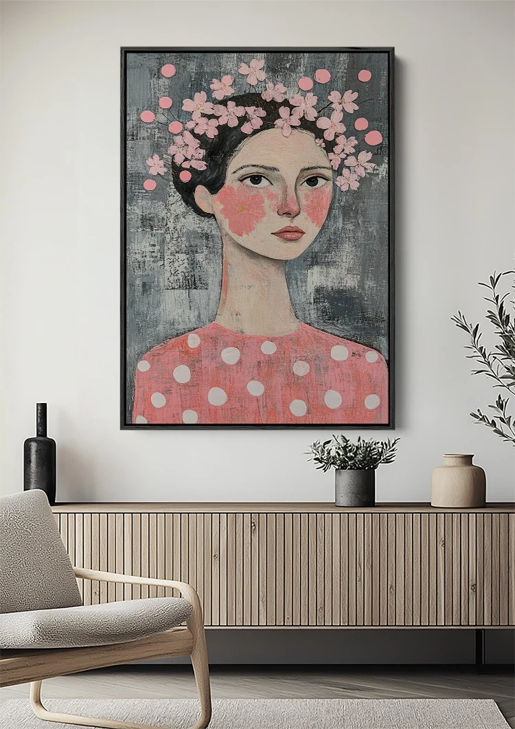 Woman Pink Floral Wreath Dark Hair Naive Portrait Painting