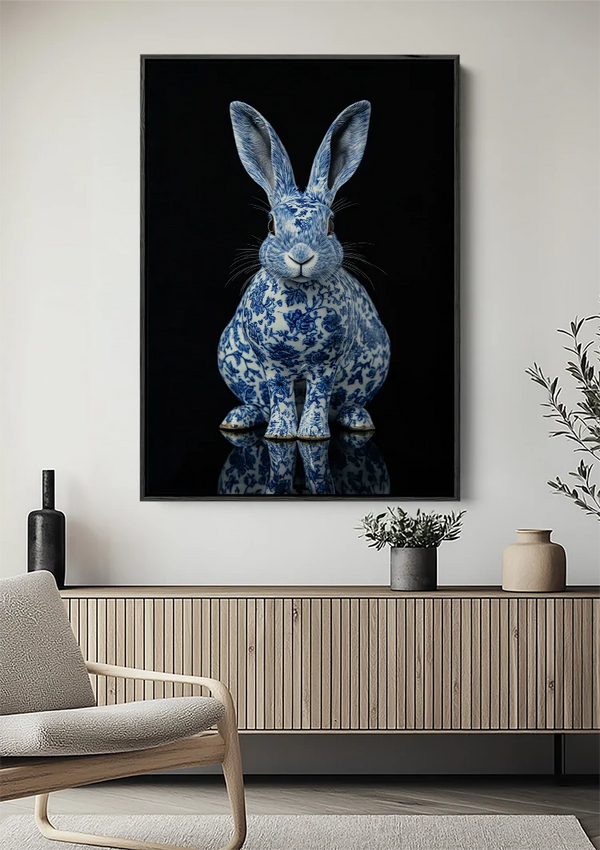 Delfts Blauw Konijn Portret op Zwarte Achtergrond Schilderij