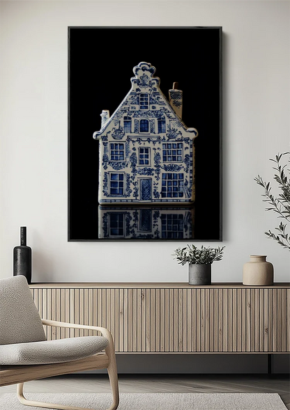 Delft Blue Canal House on Black Background Painting