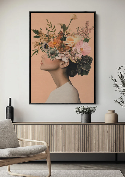 Woman Side View Lush Flowers on Head Surreal Composition Painting