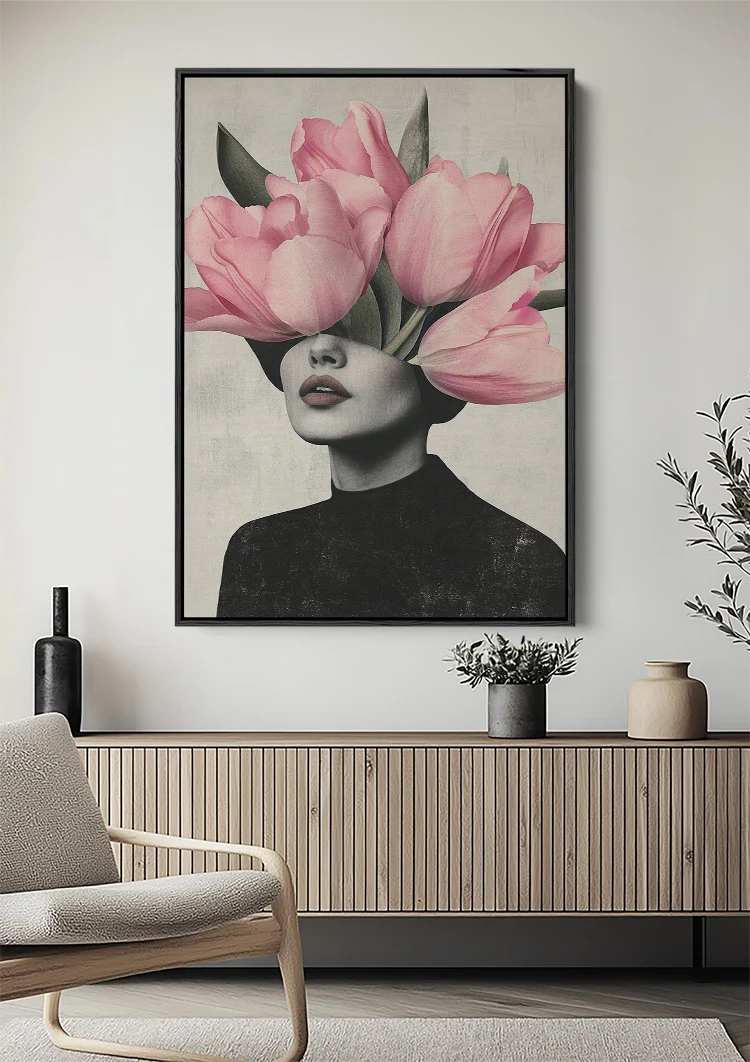 Woman Pink Tulip Head Surreal Portrait Painting