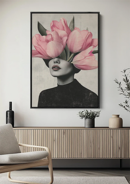 Woman Pink Tulip Head Surreal Portrait Painting
